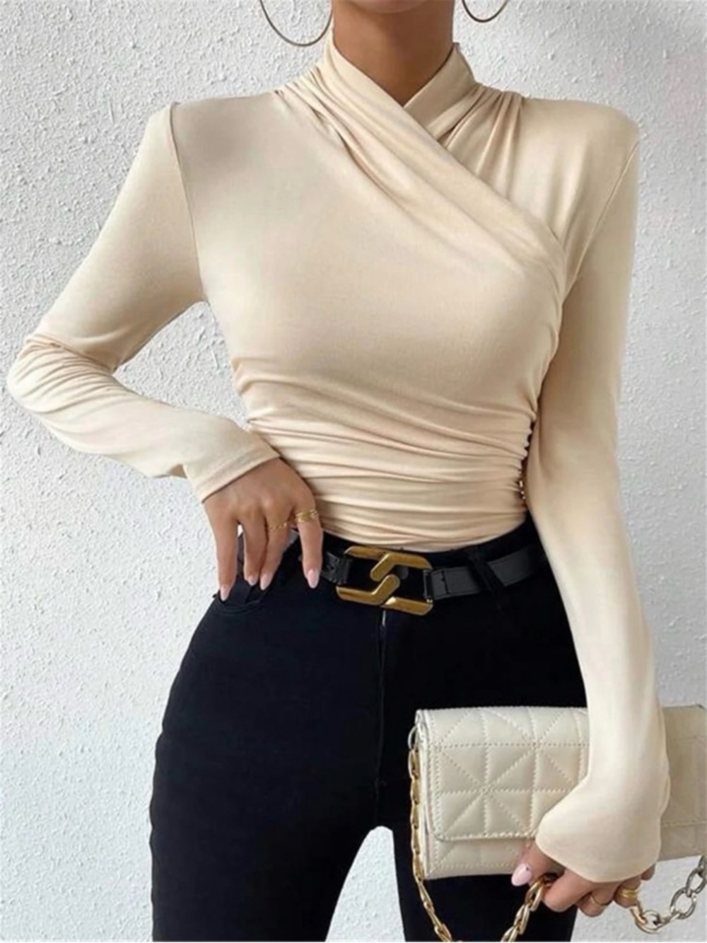 Commense Cream Wrap Top Ivory Long Sleeve Ruched Stretch Blouse Size Medium NWT
